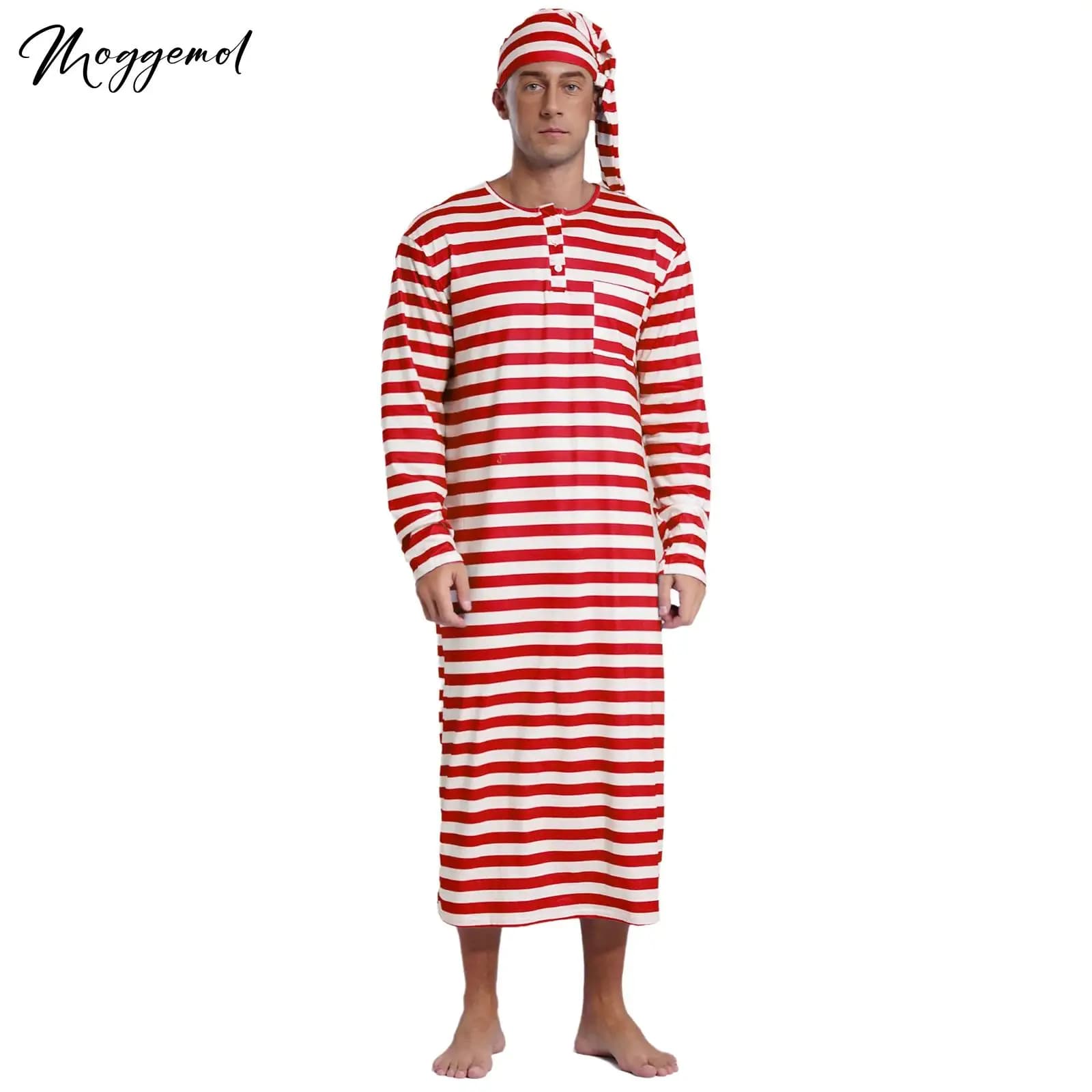 Mens Christmas Pyjamas Nightgown And Night Cap Costume Long Sleeve Loose Long Robe Adjustable Hat with Pom-pom Nightwear Outfits