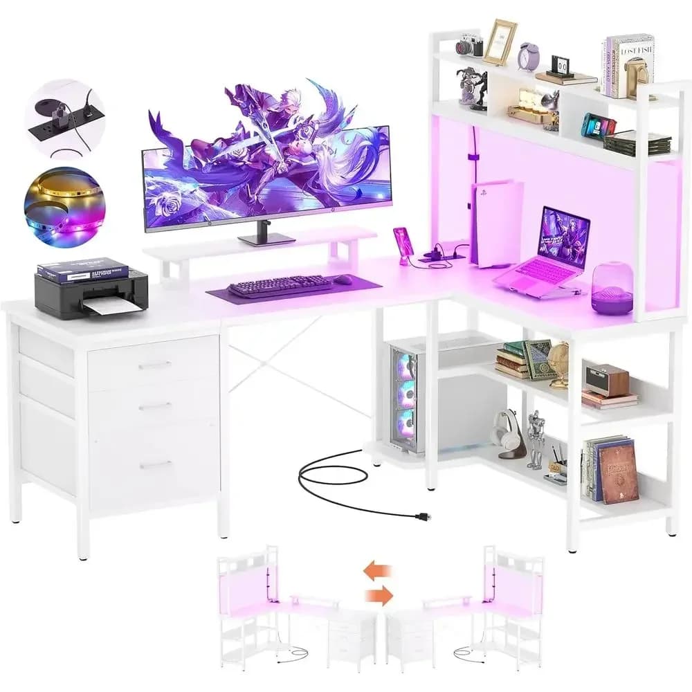 White L-Shaped Gaming Desk with LED Lights, Power Outlet, Cable Management, and Monitor Stand for Home Office Storage