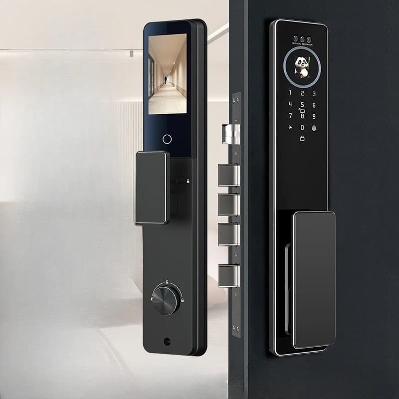Serratura intelligente con riconoscimento facciale AI, serratura smart per porta di casa con impronta digitale e password.