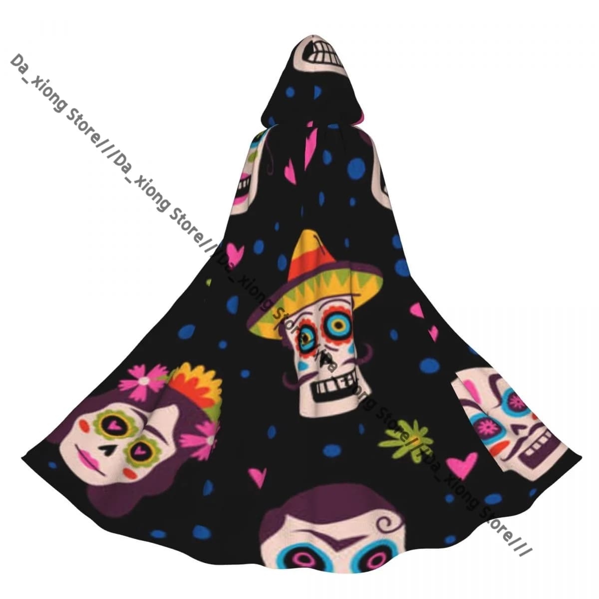 Witch Long Hooded Robe Mexico Traditional Sugar Skulls In Sombrero Halloween Cloak Cosplay Costumes for Adult