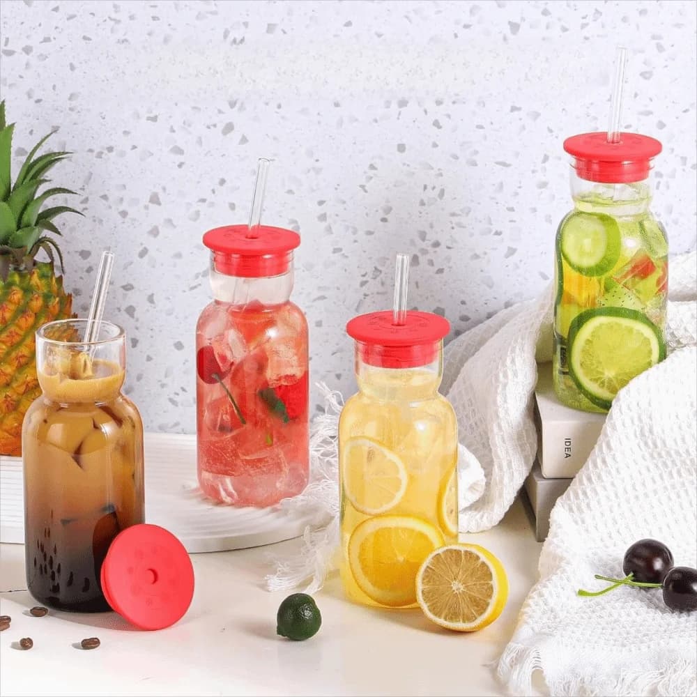 Bottiglia d'Acqua in Vetro Trasparente con Cannuccia e Coperchio in Silicone, Bicchiere in Vetro Visibile, Leggero e Resistente al Calore, Bottiglia per Succhi per Feste