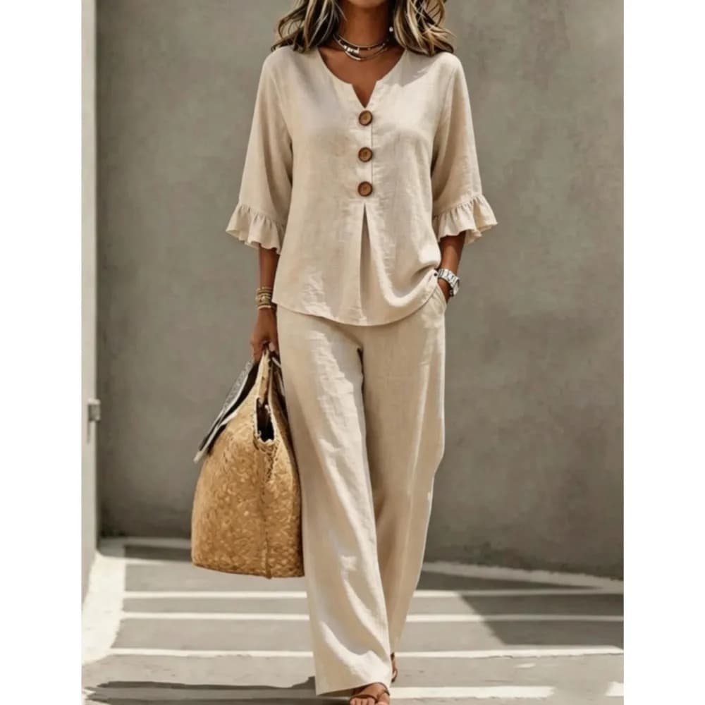 Summer New Button O Neck Lotus Leaf Short-sleeved T-shirt Suit Women Fashion Pocket Casual Wide-leg Trousers Office 2 Piece Set