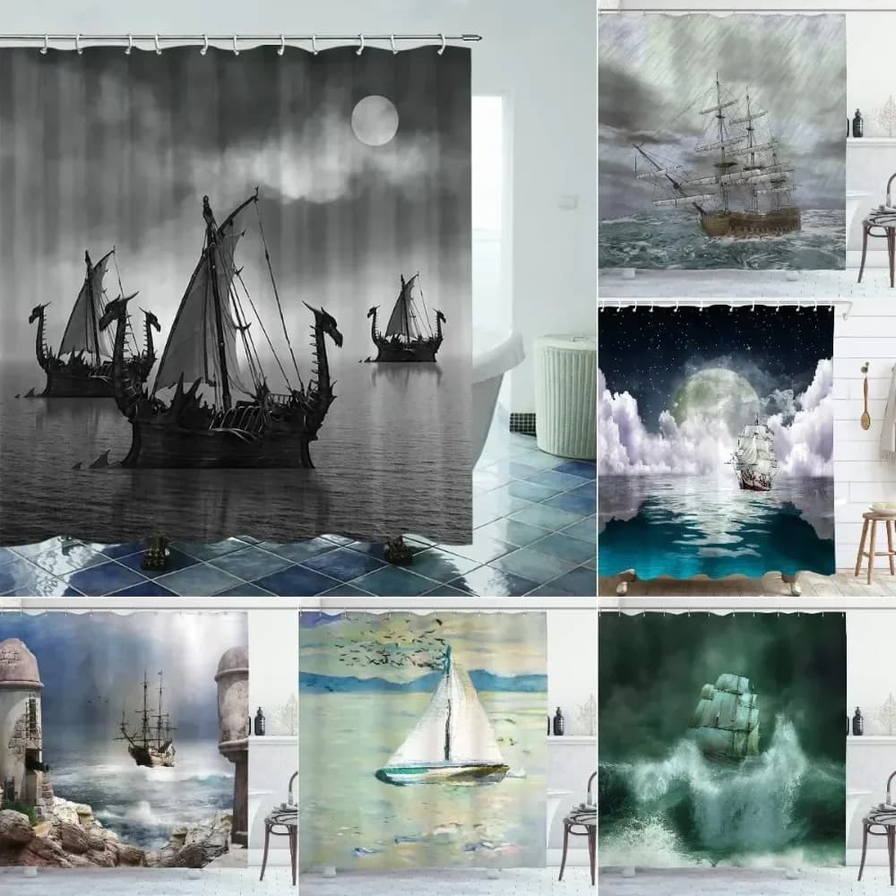 Tenda da doccia per nave vichinga norrena Fantasy Boat Art Tenda per nave drago a vela di colore bianco e nero per bagno con ganci