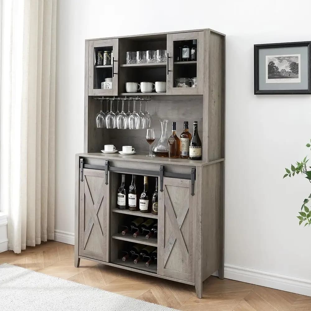 Mobile Bar Alto Bianco da 70 cm con Anta Scorrevole, Vetrina e Portabottiglie per Sala da Pranzo