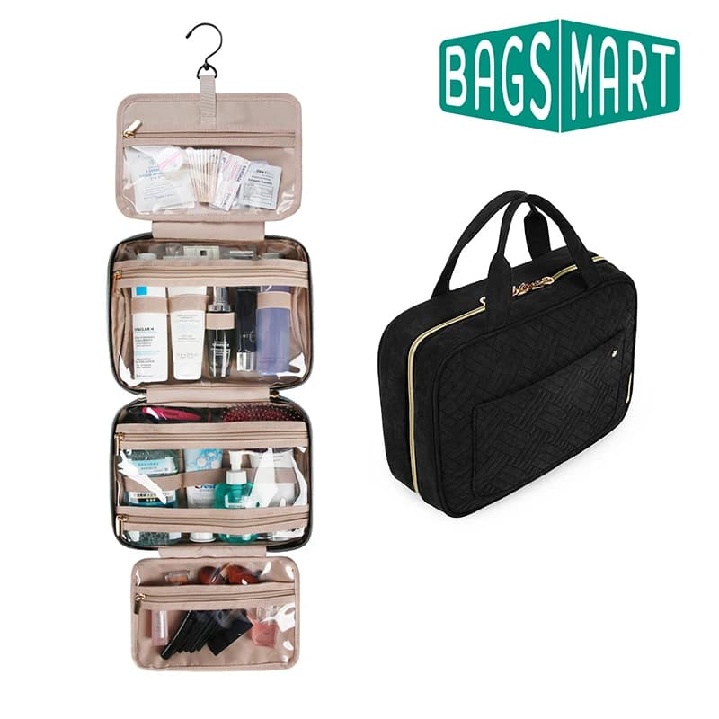 BAGSMART Borsa per cosmetici per trucco con gancio per appendere Borsa da toilette resistente all'acqua Organizzatore da viaggio per articoli da toeletta organizzatore di dimensioni complete