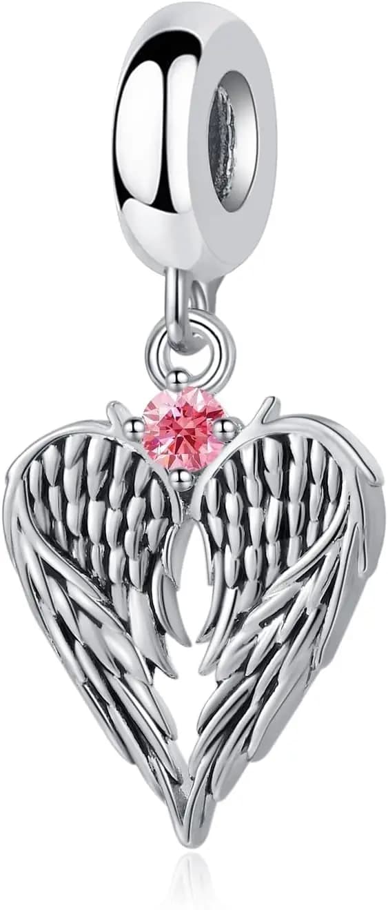 Angel Wing Dangle Charm with 12 Birthstone Beads Compatible with European Bracelets and Necklaces