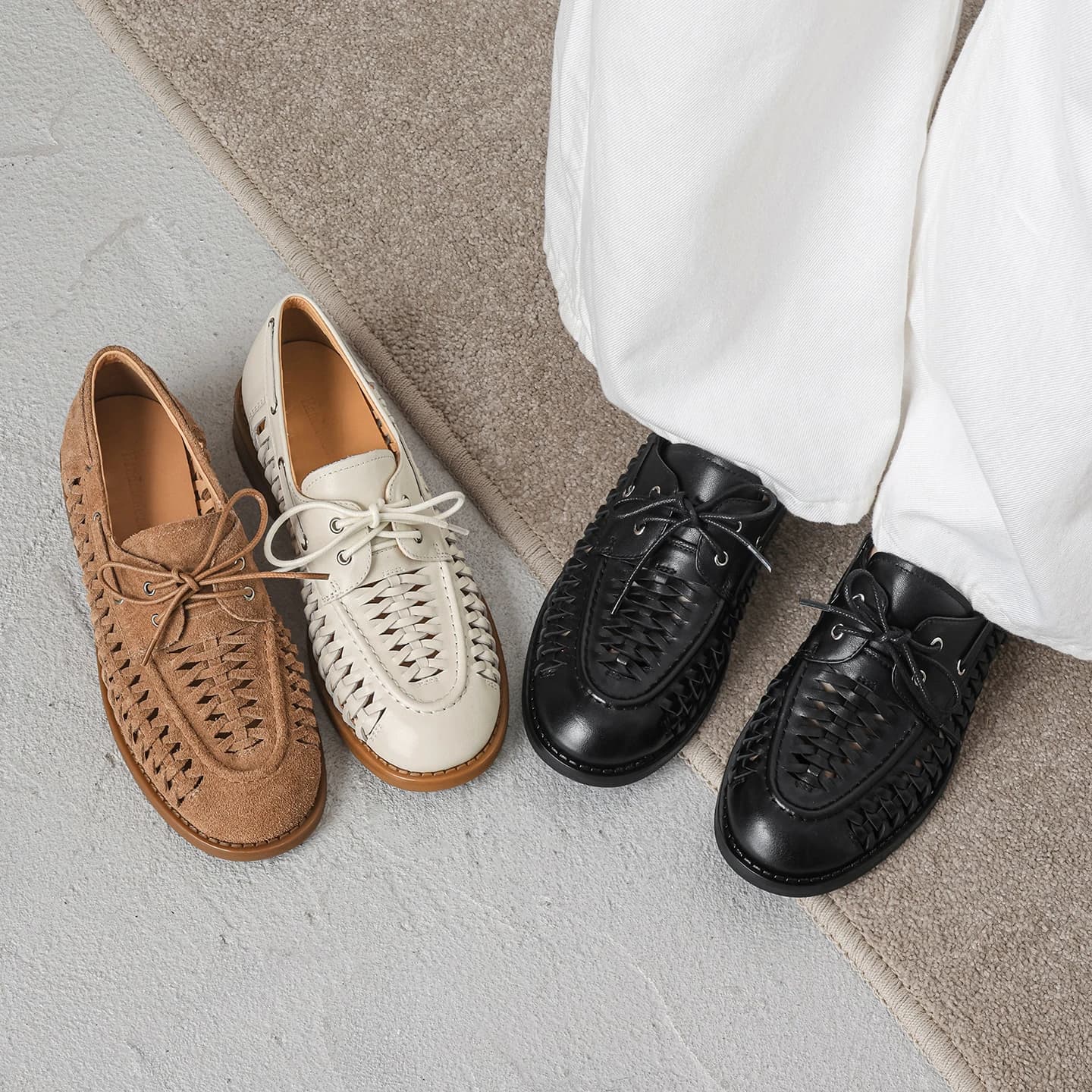 2026 new spring autumn women pumps natural leather 22-25cm weave cowhid+sheepskin+pigskin round toe lace-up loafers women shoes