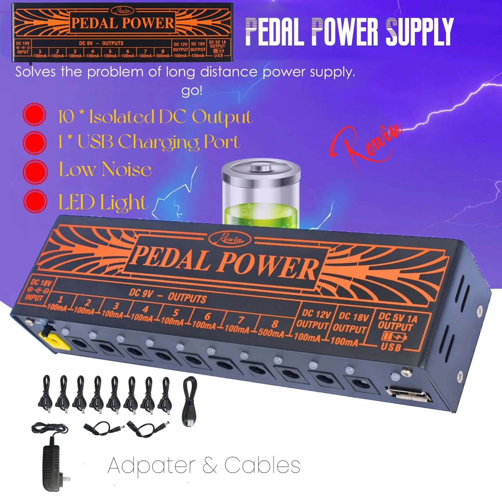 Rowin Alimentatore per pedale per chitarra 10 uscite CC isolate 9V 12V 18V Alimentatore per effetti sorgente 1 porta di ricarica USB Guscio in metallo