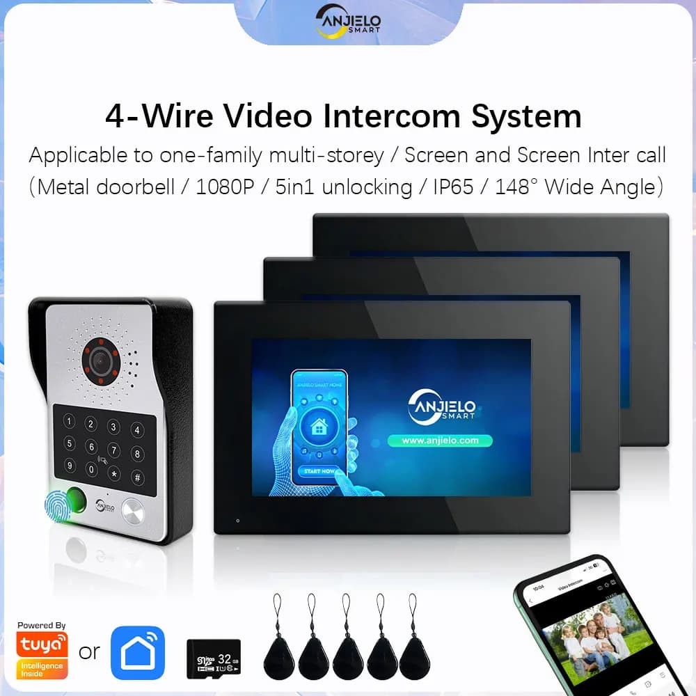 ANJIELO 1080P 5in1 Sblocco delle impronte digitali Tuya Smart Wifi Videocitofono per videocitofono campanello in metallo multistrato