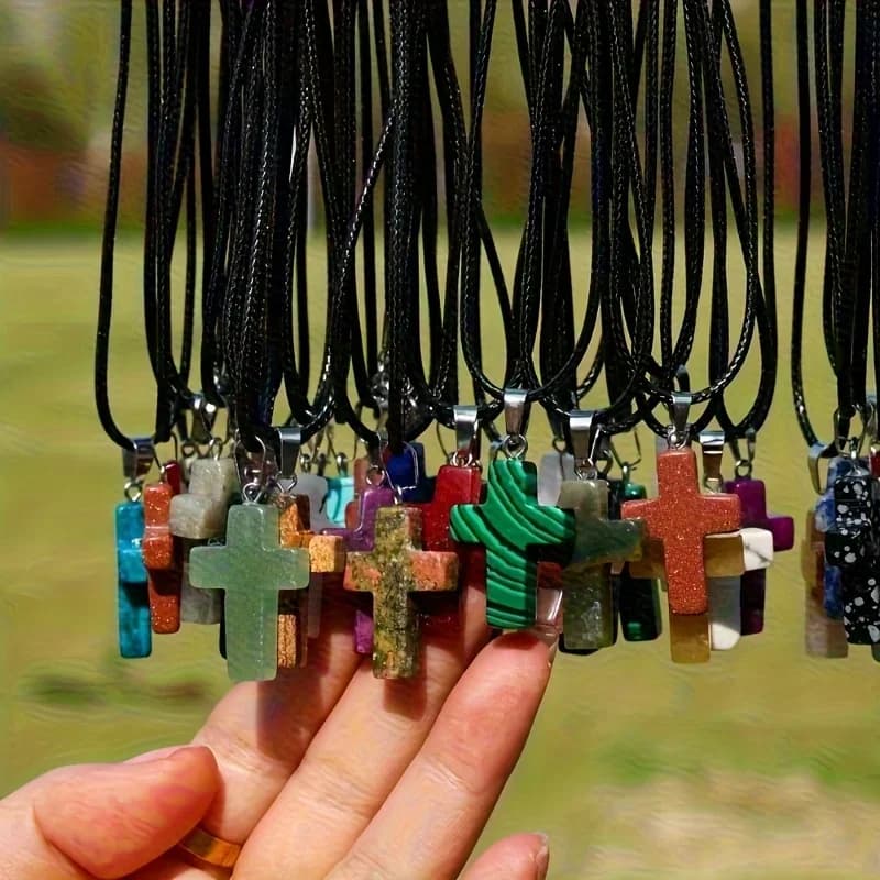 20-piece natural stone cross-shaped pendant necklace set, featuring chakra gemstone quartz cross necklaces with black leather cords. Suitable for DIY jewelry making, perfect for Christmas, Easter, or birthday gifts. (10 pendants + 10 necklace chains)