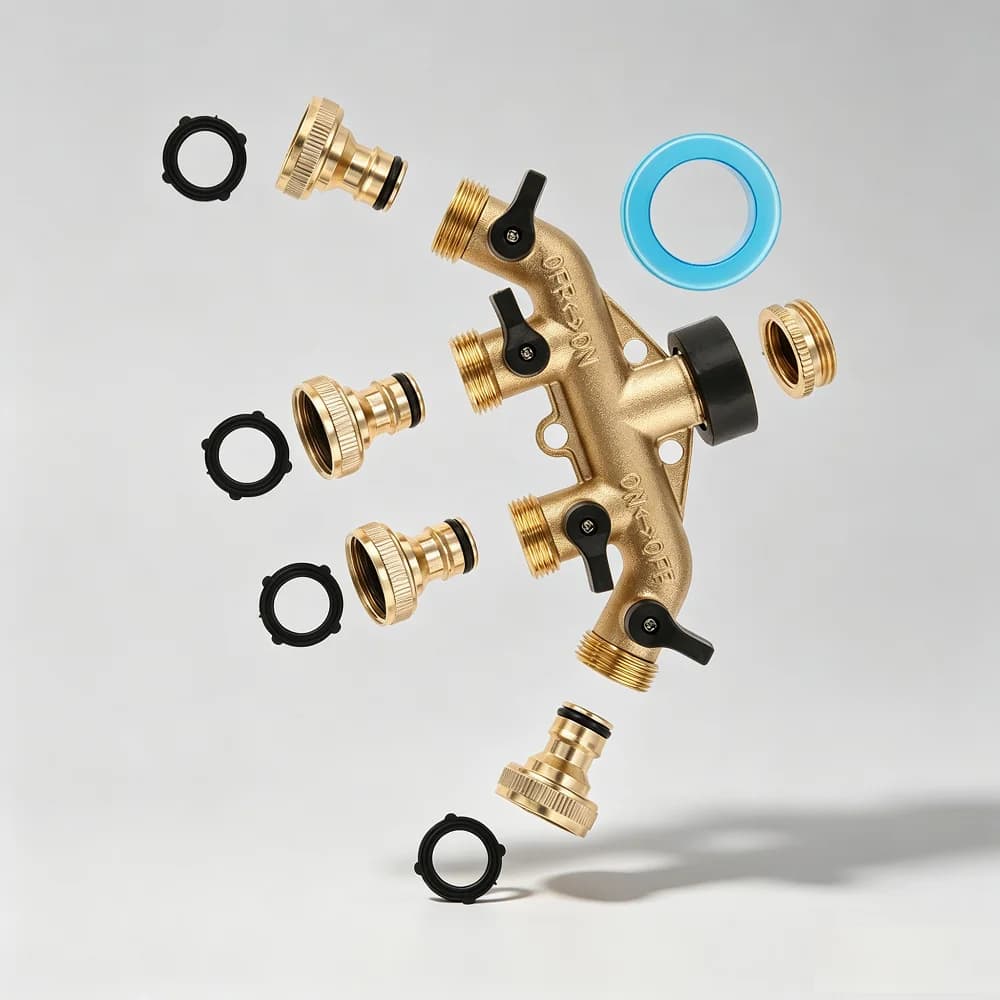 4-way Solid Brass 3/4" Tap Splitter Outdoor Garden Water Hose Individual Shut Valve 4-Port Diverter High Pressure Cold/Hot Water