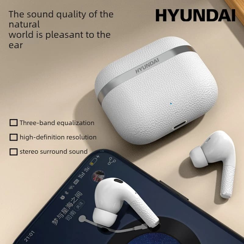 HYUNDAI T02Plus Wireless Bluetooth Earphones HIFI Sport Gaming Headset Noise Cancelling Leather Texture Earbud With Phone Holder