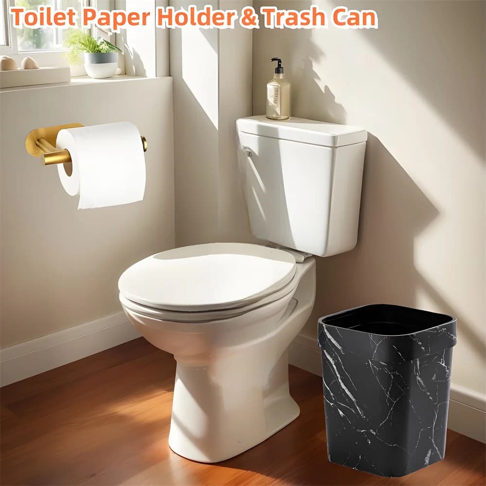 No Drill Toilet Paper Towels Holder& Retro Plastic Trash Can Wastebalket,Roll Paper Rack& Garbage Bin,Bathroom Accessories Set