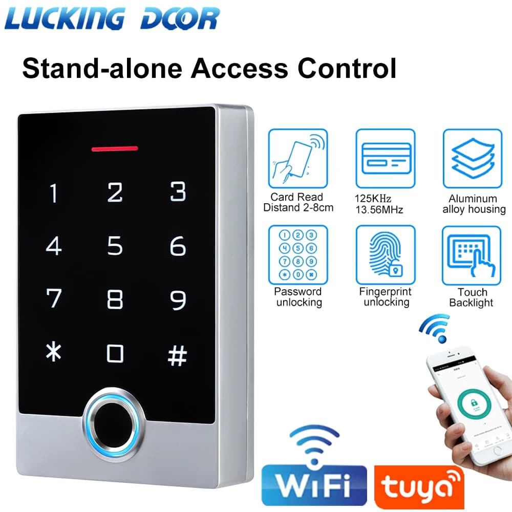 WiFi Tuya App Sistema di controllo accessi porta NFC IC Lettore di schede RFID Custodia in metallo Tastiera di controllo accessi per impronte digitali Sblocco remoto Wifi