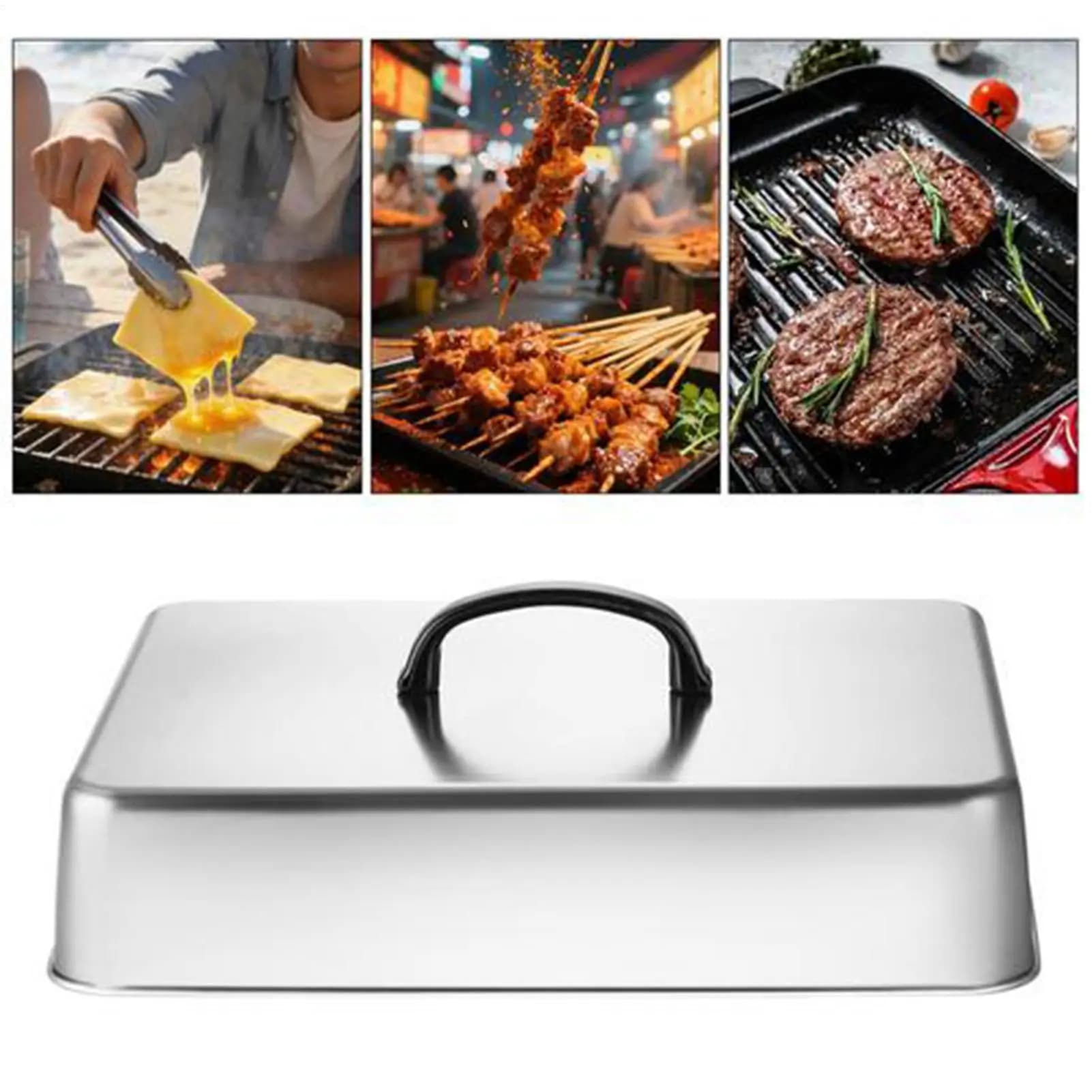Stainless Steel Frying Pan Covers Barbecue Burgers Sandwiches Steak Pot Lids Rectangular Grill Basting Cover Cheese Melting Dome