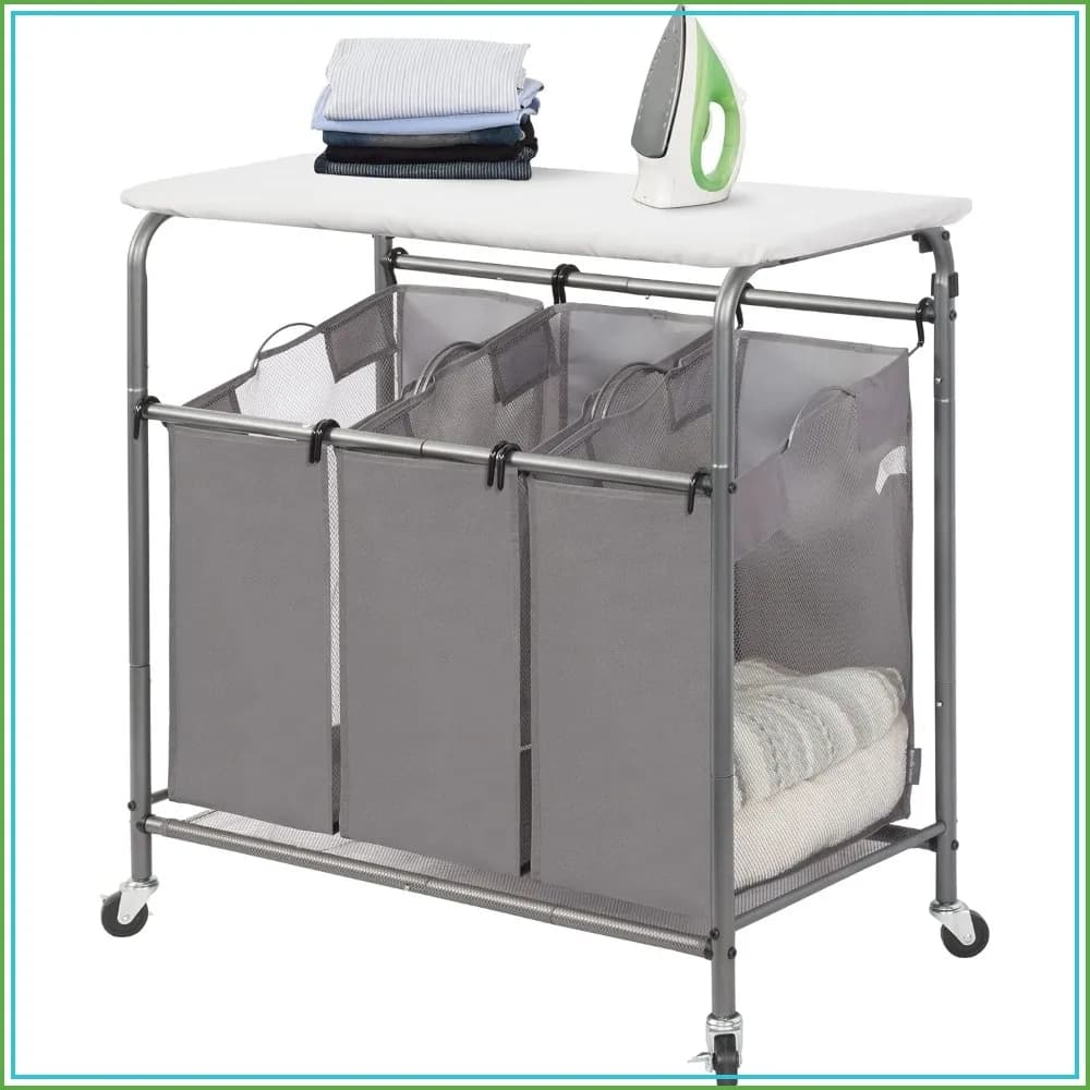 3-Section Laundry Sorter with Foldable Ironing Board, Heavy-Duty Rolling Cart, Removable Bags, Dark Grey