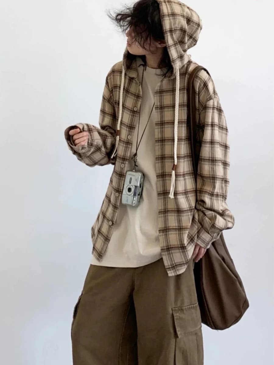 Retro Japanese Style Plaid Long Sleeve Hooded Shirt Men's Loose College Style Brushed Shirt Jacket Four Seasons Universal