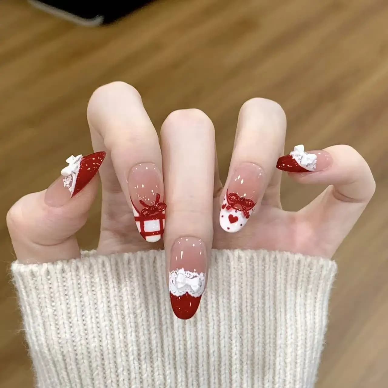 10 pieces handmade print on nails red french lace plaid bow cover complete nail tips for women and girls removable wearable nail art