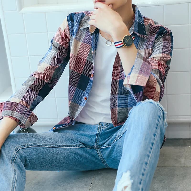 Plaid Shirt Jacket Men's Long Sleeve Casual Harajuku Style Spring Autumn Literary Original Resurgence Classic Sharp Tailoring