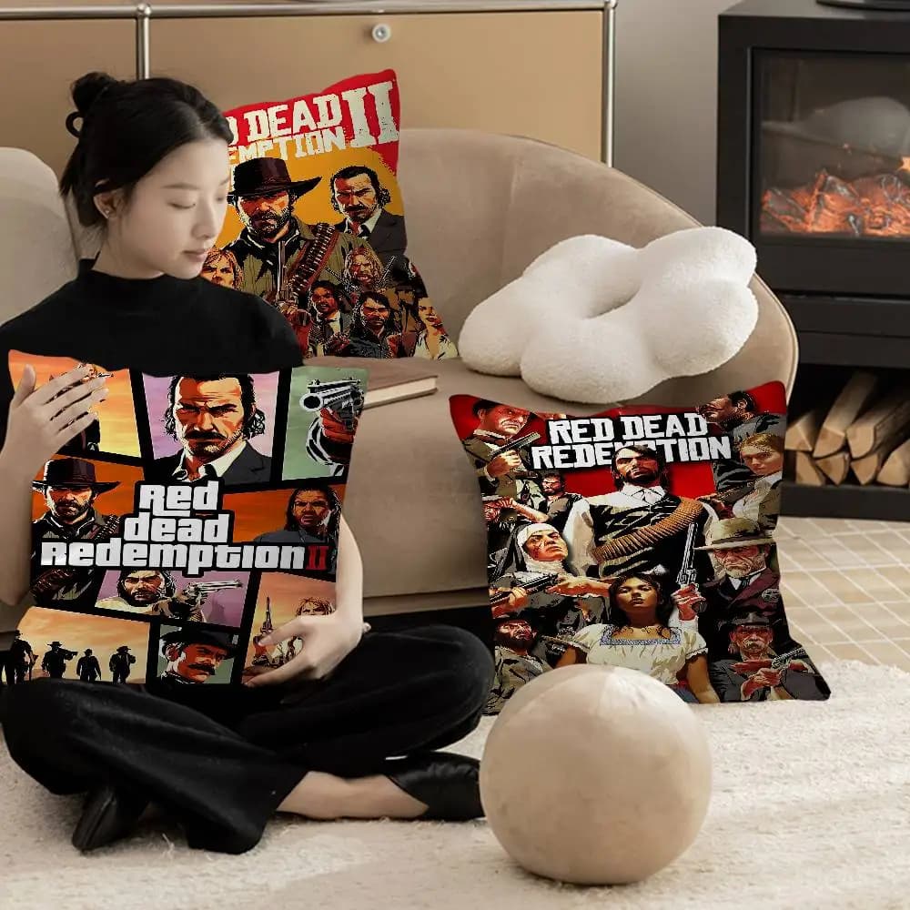 Fodere per cuscini R-Red Dead Redemption RDR, decorazioni per divano a tema cartone animato, stampa fronte-retro, in peluche corto, simpatiche fodere per cuscini