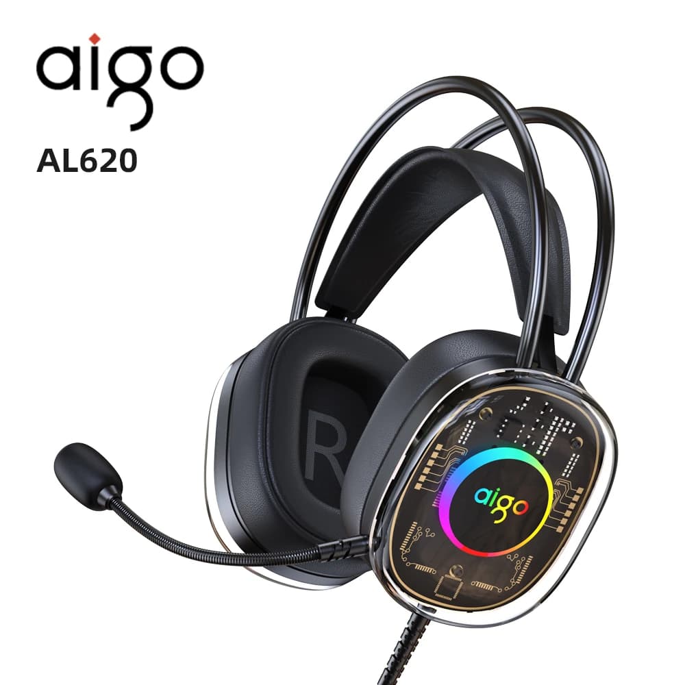 Aigo AL620 Cuffie da gioco cablate con microfono montato sulla testa Cuffie con luce RGB con riconoscimento del suono virtuale a 7.1 canali per giochi Esports