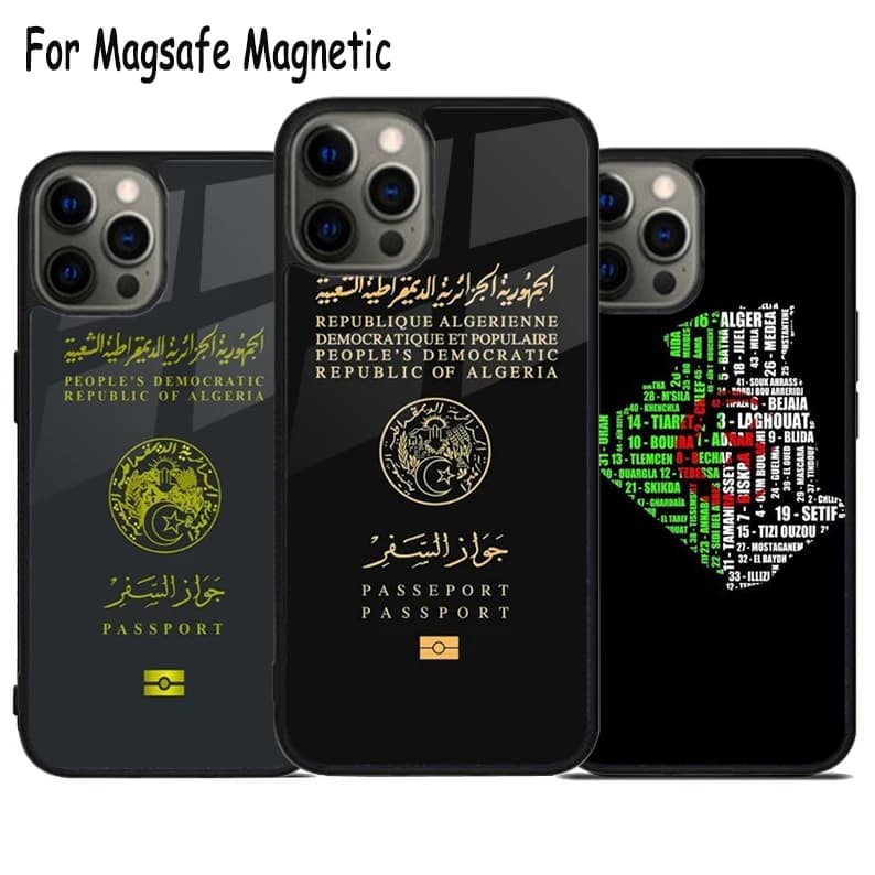 Custodia per telefono con bandiera dell'Algeria, mappa e design passaporto, con ricarica wireless e copertura magnetica Magsafe per iPhone 17 Air 15 16 16e 14 13 11 12 Pro Max Plus