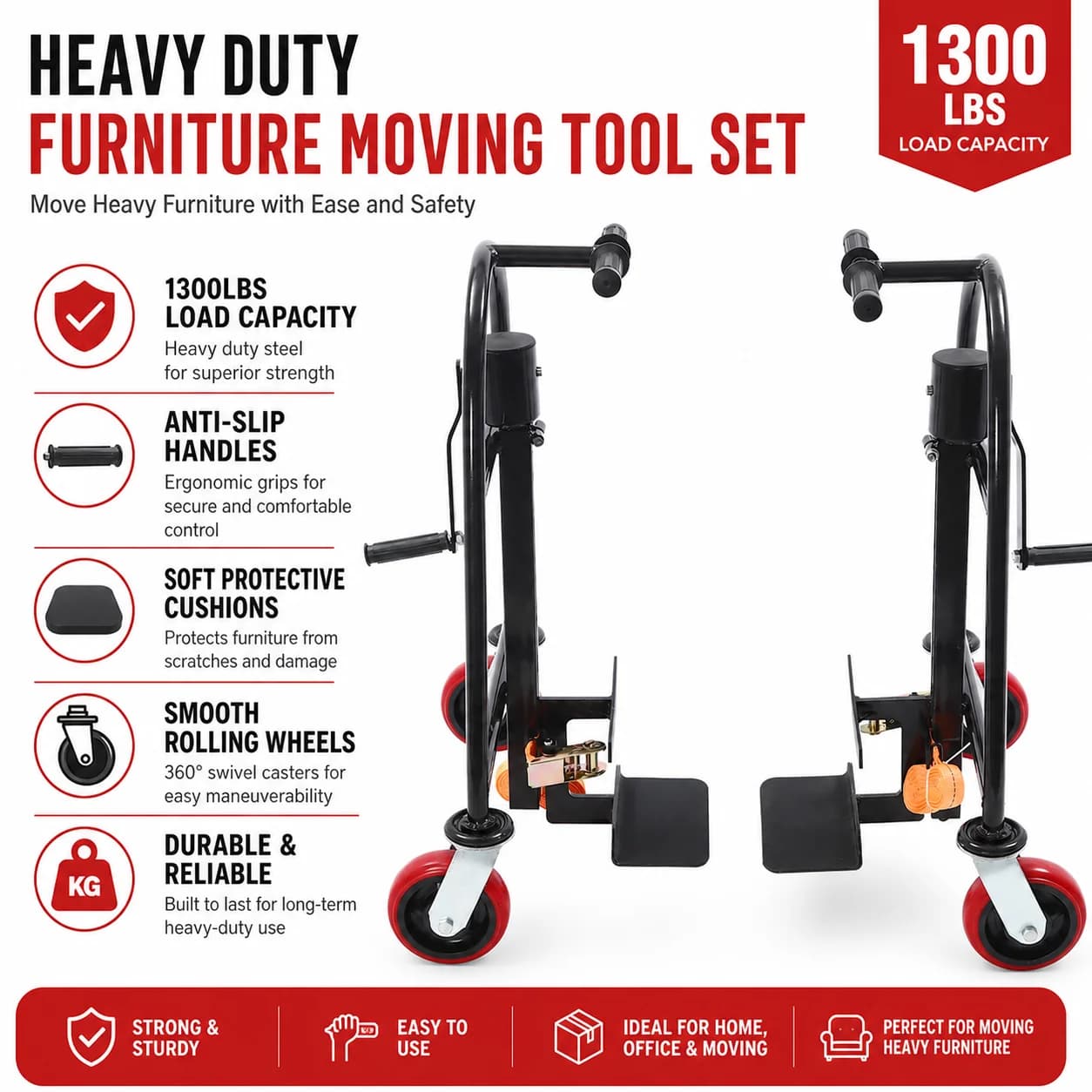 Heavy Duty Furniture Moving Tool Set 1300LBS Load Capacity Manual Furniture Mover with Anti-Slip Handles & Soft Protective Cushions