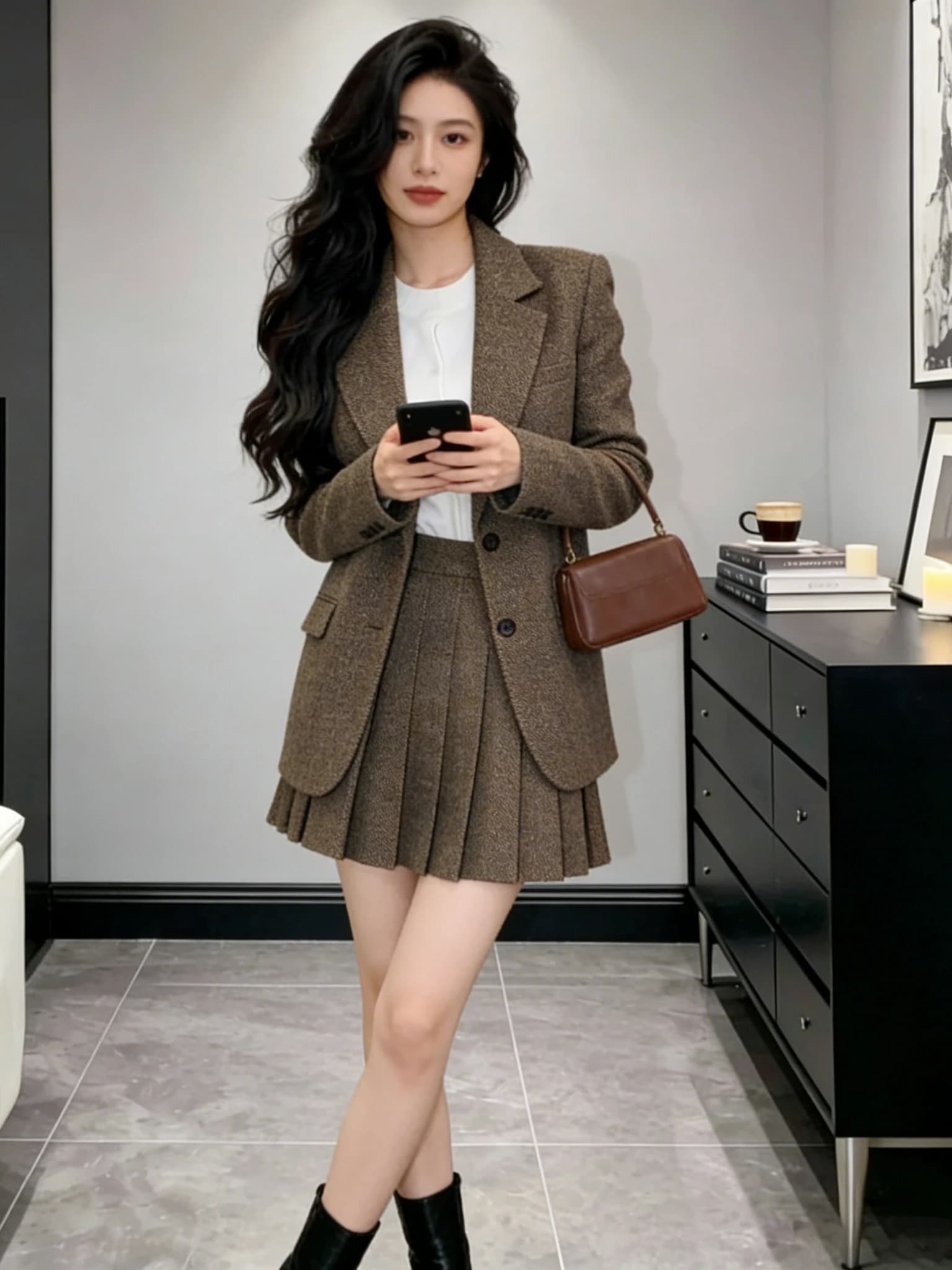 Retro Autumn Winter Suit Jacket High Waist Skirt Set Slimming Pleated Two Piece Set Age Reversing Elegant Fashionable
