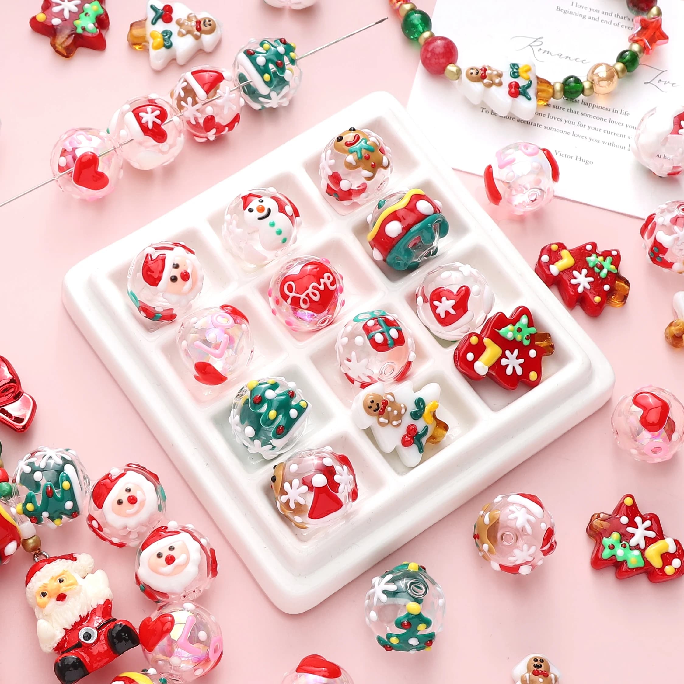 1 pezzo di serie natalizia perline di vetro dipinte albero di Natale perline sfuse di Babbo Natale per la creazione di gioielli braccialetto a catena per telefono fai da te