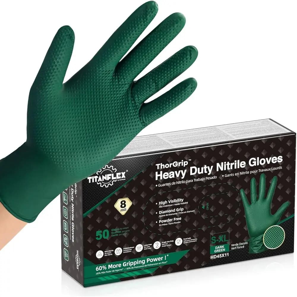 Heavy-Duty 8-mil Nitrile Gloves with Raised Diamond Grip, Latex-Free, Green/Yellow
