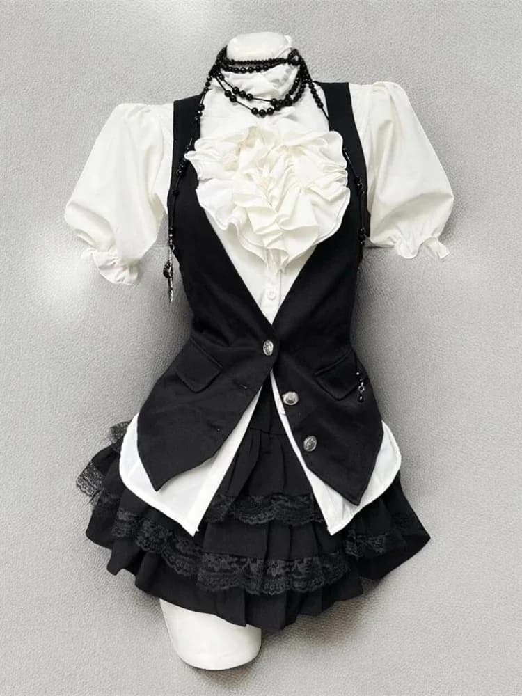 Estate elegante dolce set da 3 pezzi camicia da donna con maniche a sbuffo + gilet casual + minigonna a vita alta abiti chic alla moda coreana