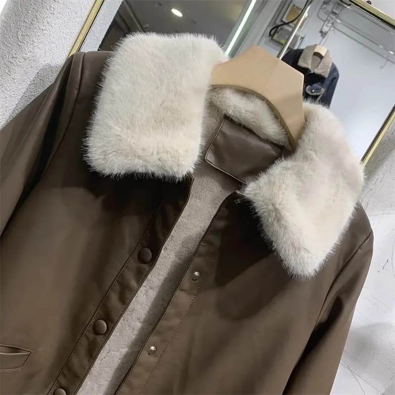 Streetwear Autumn Winter Leather Short Jacket Women's Berber Fleece Coats Thicken Warm Loose Tops Lady Add-velvet PU Jackets