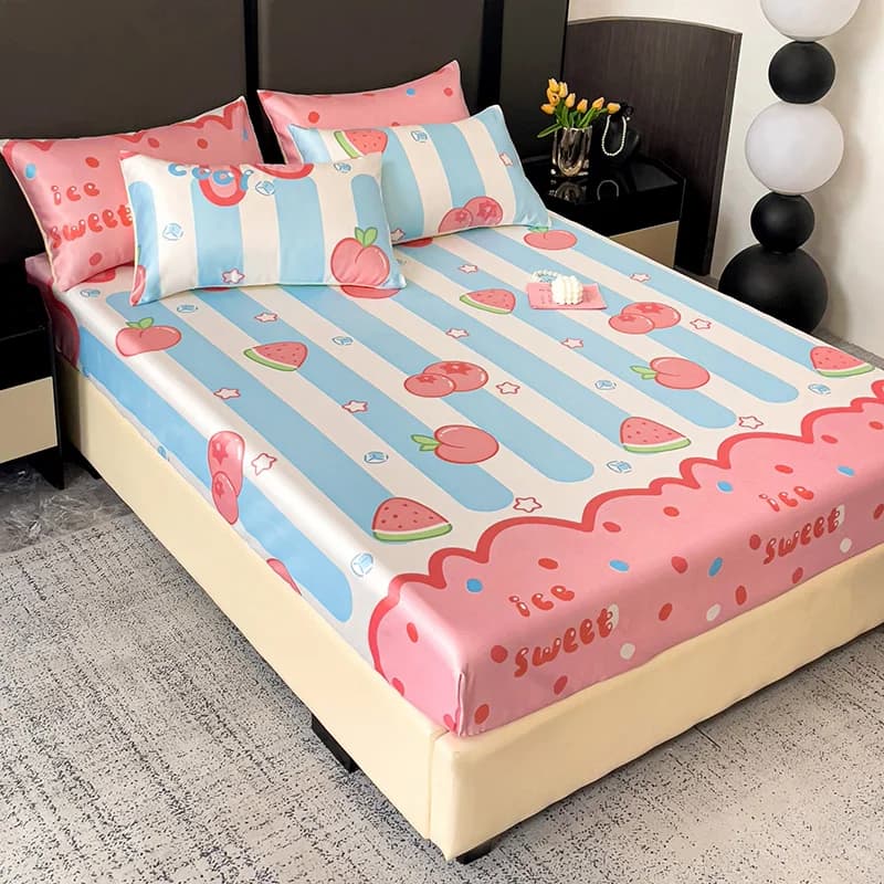 Kawaii Room Summer Ice Silk Fitted Sheet Cooling Sheets For Beds Adjustable Bottom Sheets Bedspreads 90X/120/150/180/200/220