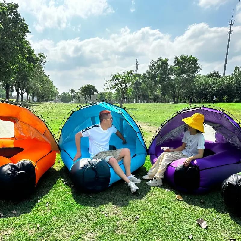 Inflatable camping sofa, portable, outdoor, with pillow, for beach, lawn, park, folding air bed, sleeping bag.