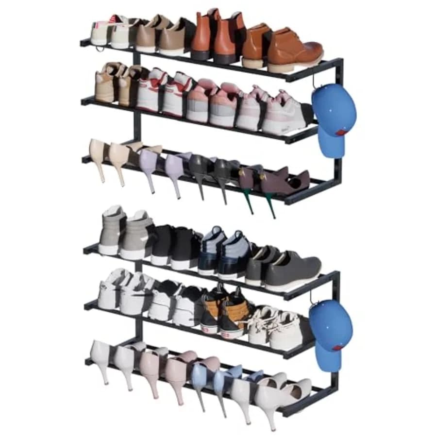 Scarpiera da Parete a 3 Livelli, Porta Scarpe Sospeso per 24 Paia, Organizzatore per Scarpe Regolabile da 17-30 Pollici, Resistente, con 4 Ripiani