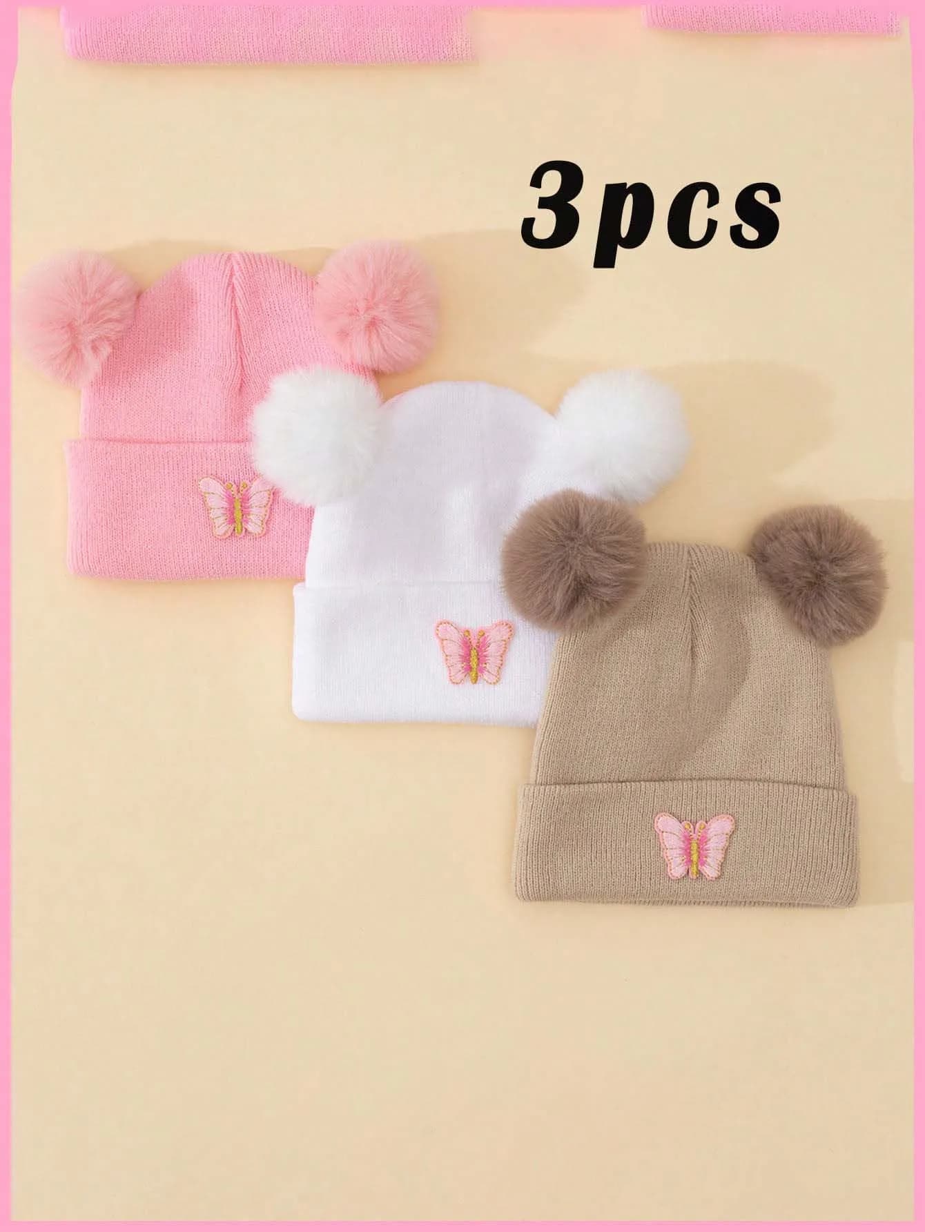 3Pcs Unisex Kids Double Pom Pom Knit Hats 1-6Y Embroidered Butterfly Cute Soft Yarn Beanies Warm Winter