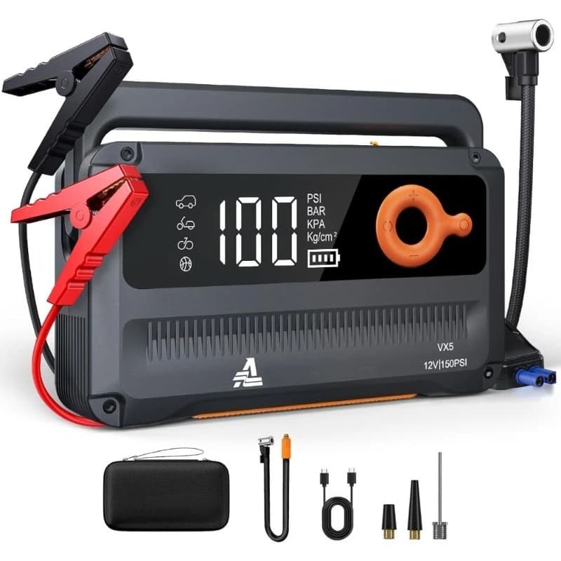 Avviatore di Emergenza Portatile per Auto 6000A 12V con Compressore d'Aria, Gonfiatore Pneumatici, Power Bank 26800mAh e Torcia