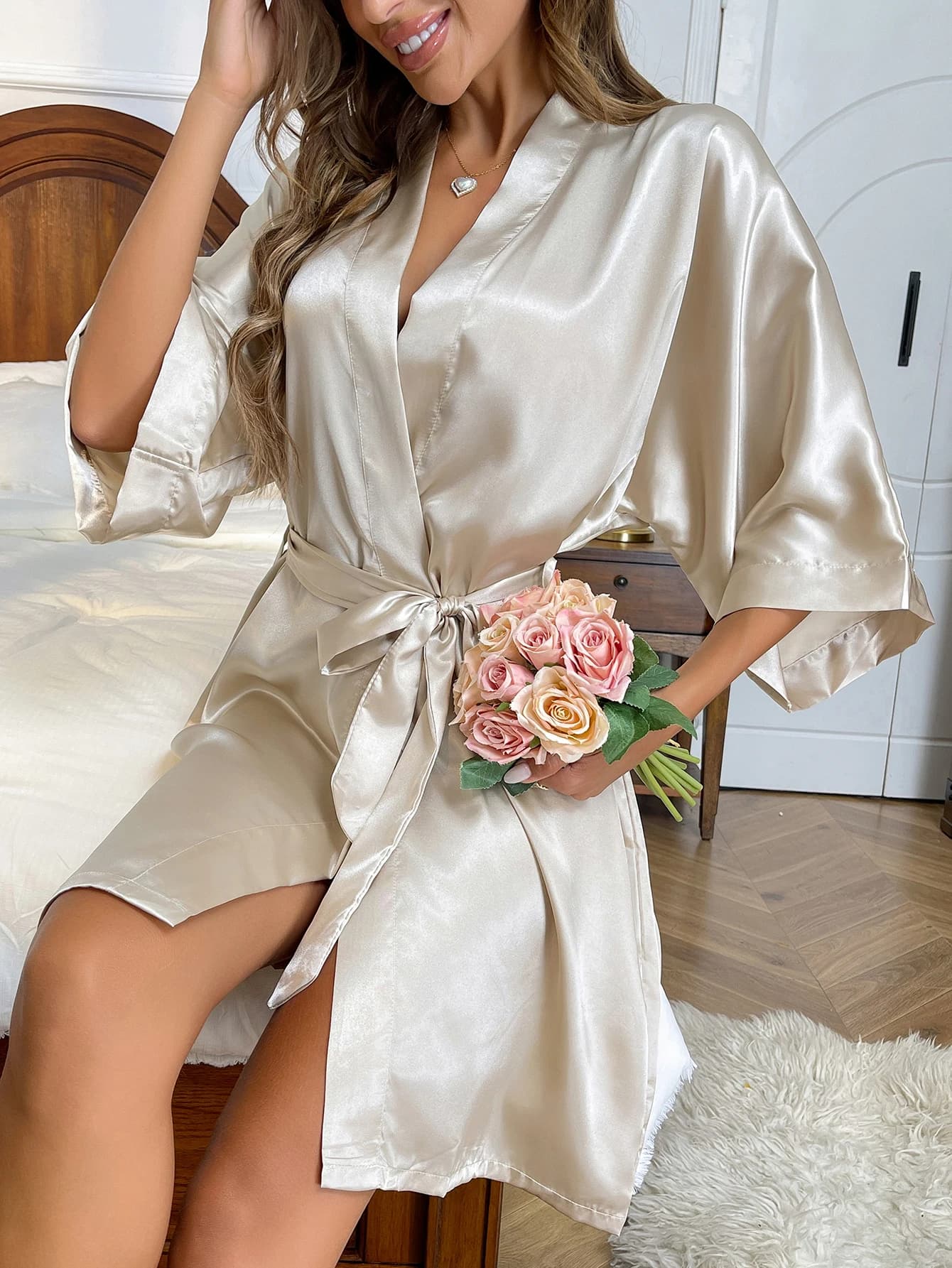 Spring Summer New Simple Cardigan Sexy House Dress Long Silk Bathrobe Woman