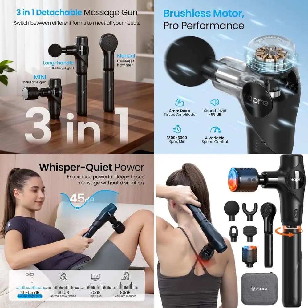 3-in-1 Portable Massage Gun with Hot/Freddo Function, Background Textile Lift, Stable Handle, 5 Massage Heads, Silent Function, Transport Case
