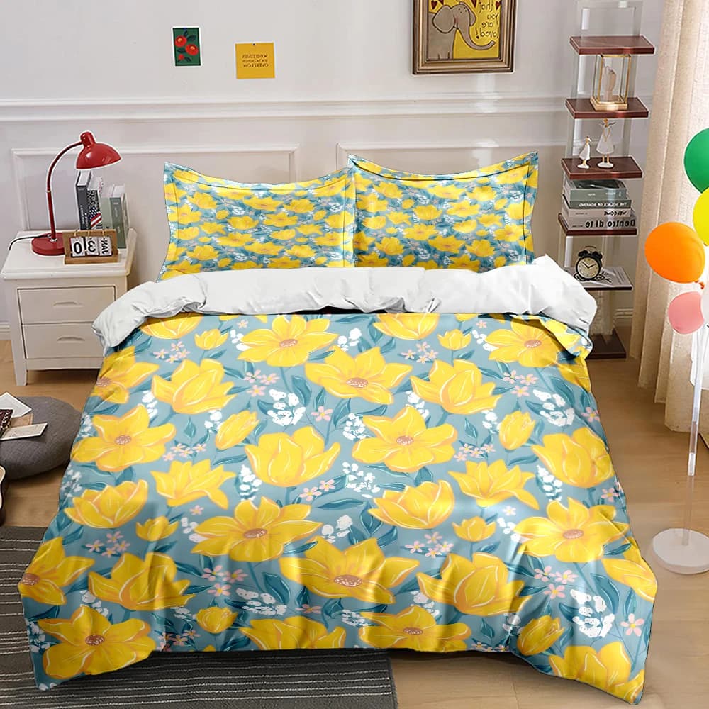 Set di biancheria da letto con stampa floreale gialla, copripiumino morbido e confortevole, include 1 copripiumino e 2 federe.
