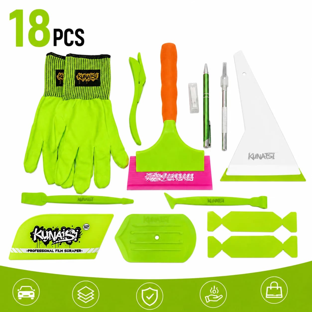 KUNAISI 18PCS Window Tint Tool Kit Vinyl Wrap Installation Set with Gloves Squeegee Cutter for PPF Car Film Application