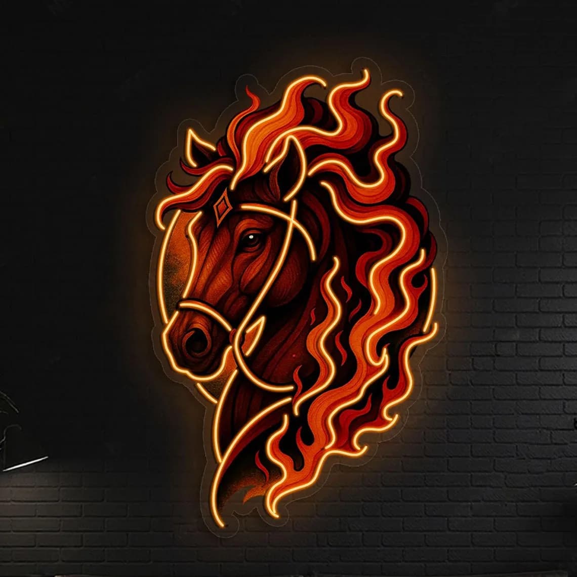 Insegna al neon con cavallo fiammeggiante, insegna al neon con testa di cavallo antincendio, insegna al neon con stallone selvaggio, neon a cavallo fatato, arte da parete con testa di cavallo, insegna al neon personalizzata