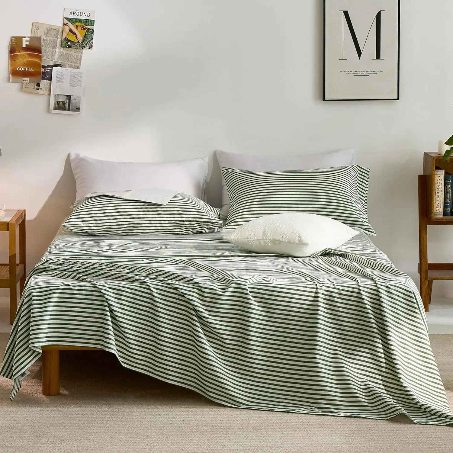 Set di Lenzuola in Cotone Queen Size - Righe Verdi e Bianche, Lenzuolo con Angoli Morbido a Tasca Profonda, Lenzuolo Piatto e Federe