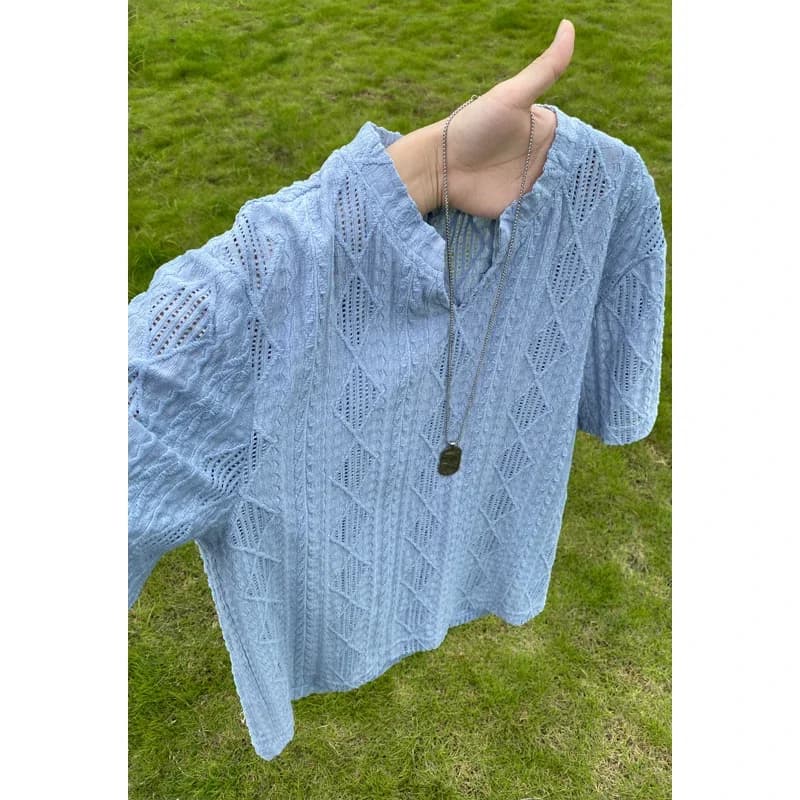 Male Summer V Notch Neck Short Sleeve Shirt Hollow Jacquard Textured Cloth Oversized Cut For Outdoor Travel Matching