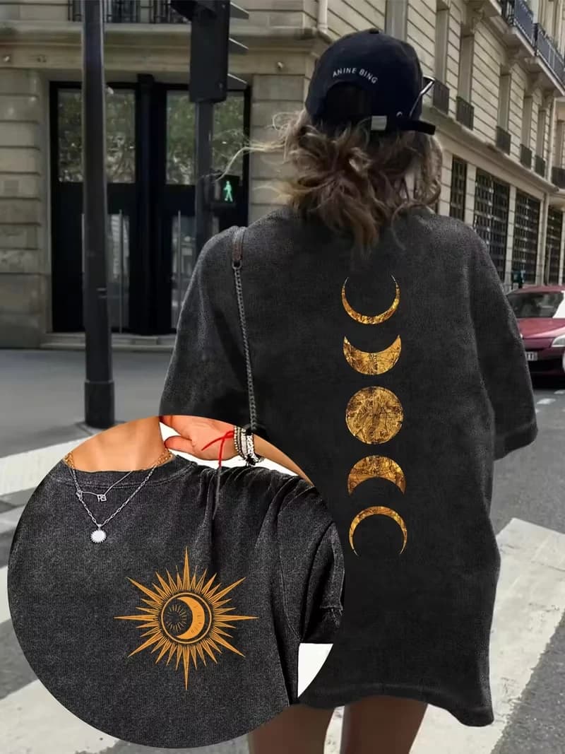 Moda Sole Luna Stelle Boho Chic Uomo Donna Vintage Lavato T Shirt Y2k Streetwear Cotone Oversize Tee Unisex Hip Hop Top Estate