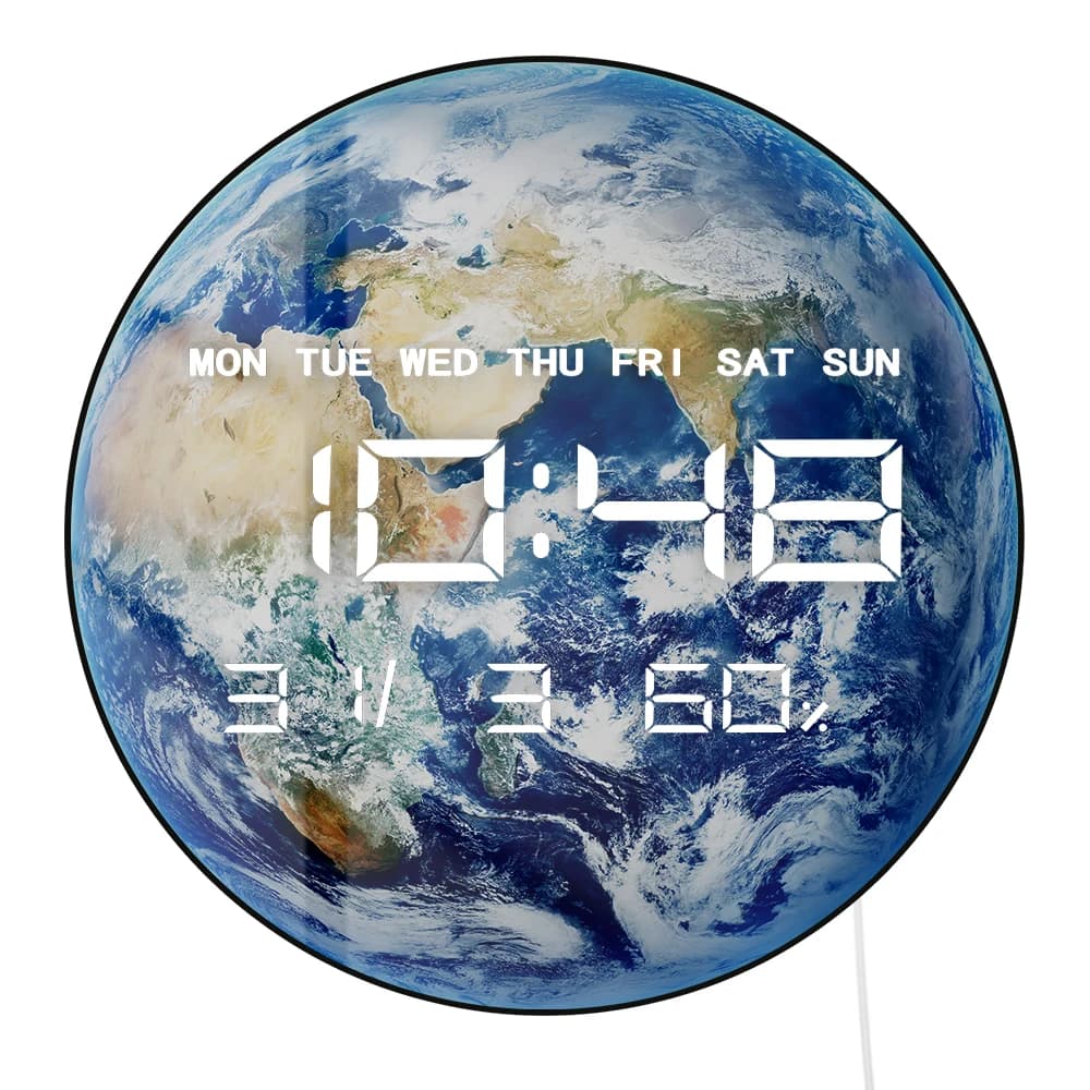 Orologio da parete digitale a LED Earth World Globe per camera da letto Planet From Space Orologio da tavolo da scrivania con display elettrico per decorazioni per la casa in marmo blu