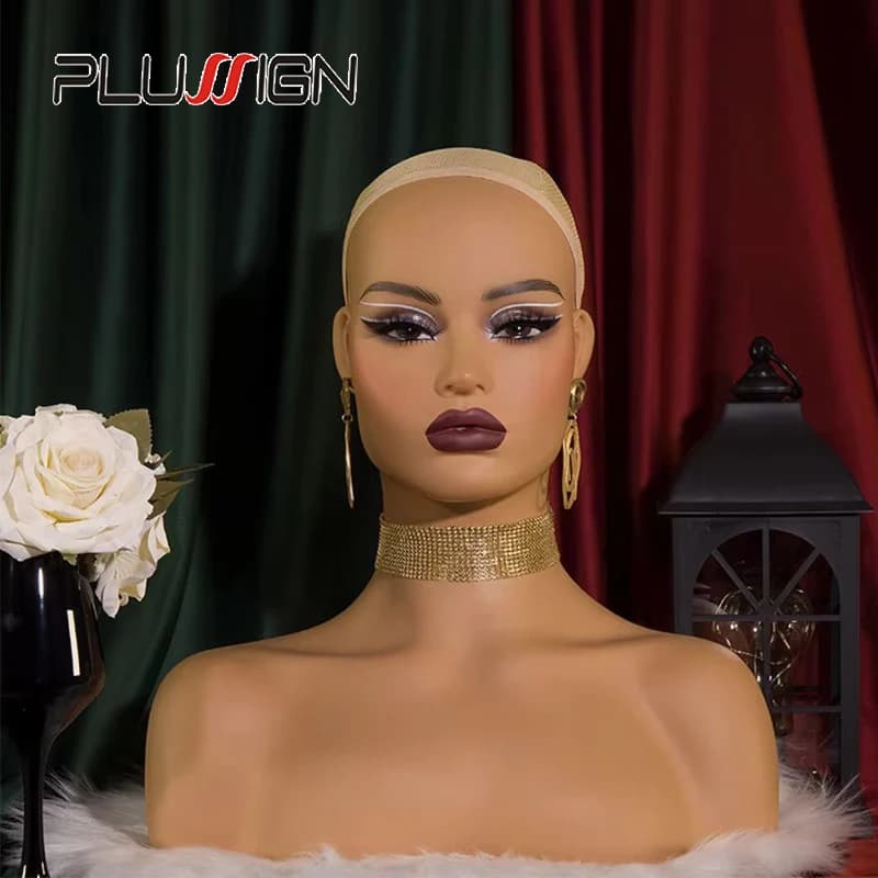 Square Face Wigs Exposition Head Realistic mannequin head with shoulders Head filled with PVC foam with shading, ear holes, eyelashes