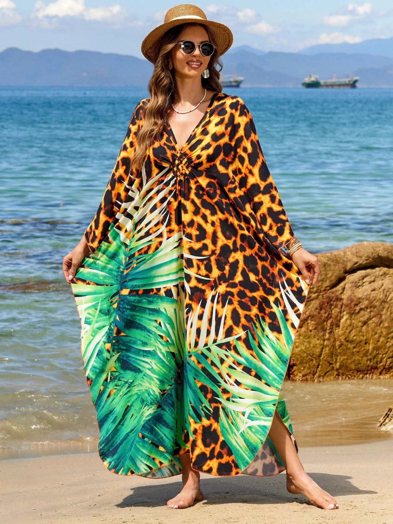 Costume da bagno taglie forti Cover Up Caftani da spiaggia stampati leopardati per le donne Camicie da notte Moomoo tessute a mano Fornitura in fabbrica Vendite calde