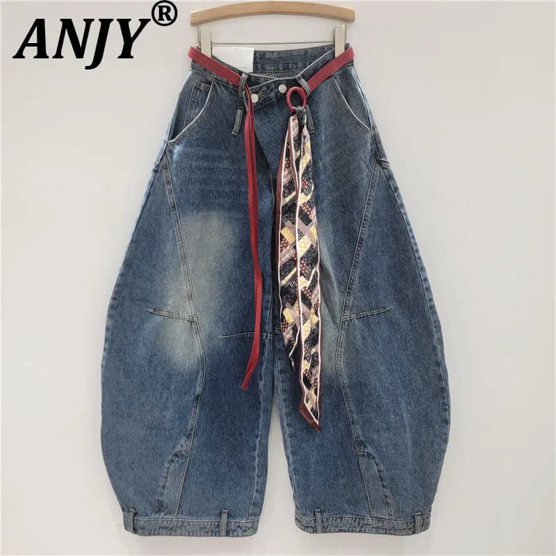 ANJY Autunno Nuove Donne Alla Moda Jeans Lavato Distressed Denim Con Cintura Moda Vintage Versatile Casual Alla Moda Pantaloni Larghi A10358