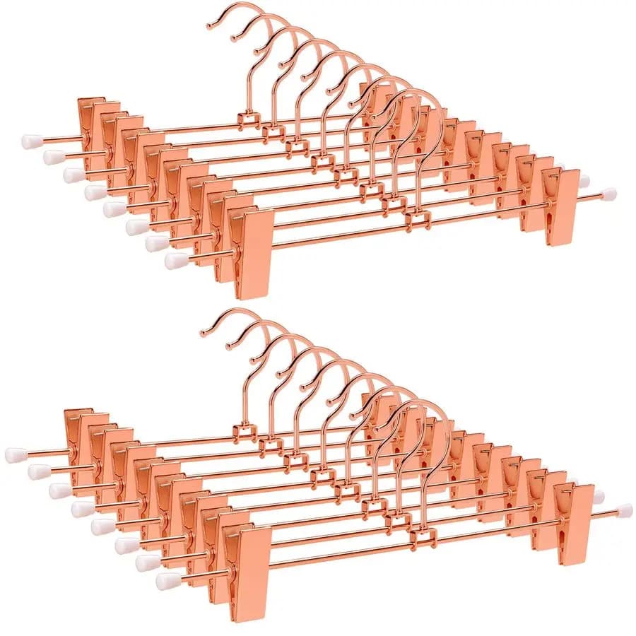 Pack of 24 coat hangers in 12 inch copper gold metal, sturdy for trousers and skirts, with 2 adjustable non-slip clips and swivel hook